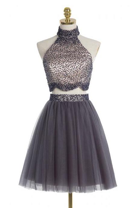 Gray High Neck Two Piece Prom Dresses, Allover Beaded A-line Prom Dresses With Beaded Belt, Trendy Mini Homecoming Dresses With Full Back