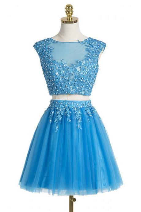 Amazing Cap Sleeve Homecoming Dresses, Beaded Illusion Neck Blue Prom Dresses, A-line Tulle Two Piece Prom Dresses With Lace Appliques