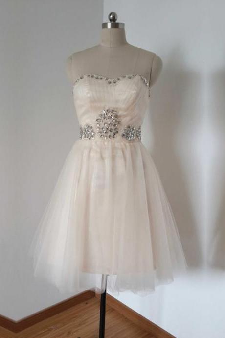 Homecoming Dresses With Silver Beaded, Short Prom Dresses, Ivory Tulle Prom Dresses, Tulle Homecoming Prom Dresses
