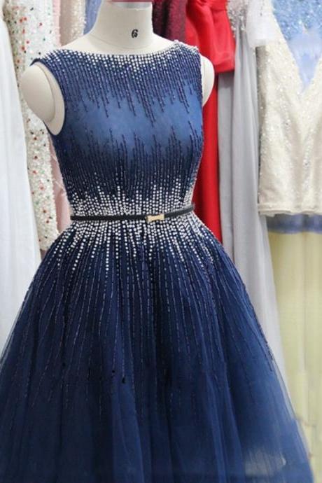 Homecoming Dresses With Beadings, Short Prom Dresses, Navy Blue Prom Dresses, Tulle Prom Dresses Beaded
