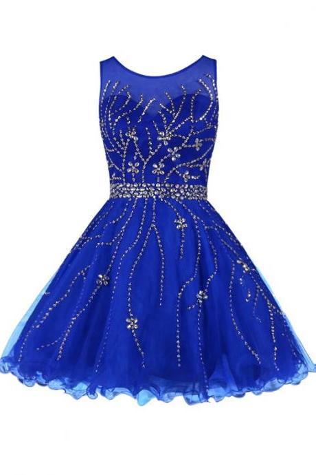 Homecoming Dresses With Silver Beaded, Short Prom Dresses, Royal Blue Prom Dresses, Chiffon Prom Dresses Backless