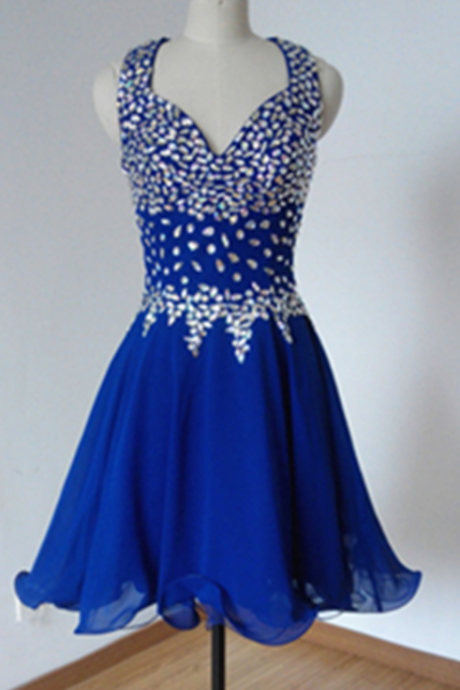 Royal Blue Rhinestones A-line Graduation Dress, Sweetheart Neckline Mini Party Dress