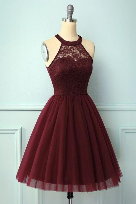 Burgundy Bridesmaid Dress, lace short homecoming dress