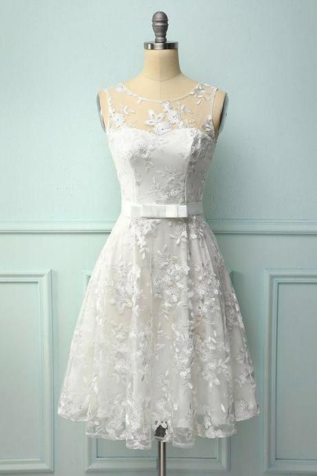 White Lace Dress With Bow Homecoming Dress, Short Homecoming Dress