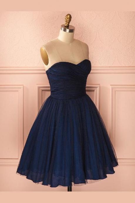 Navy Blue Homecoming Dresses, Strapless Sweetheart Short Navy Blue Tulle Homecoming Dress