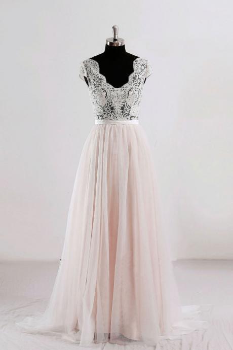 Pink V-neck Tulle Prom Dress,lace Applique Long Evening Dress