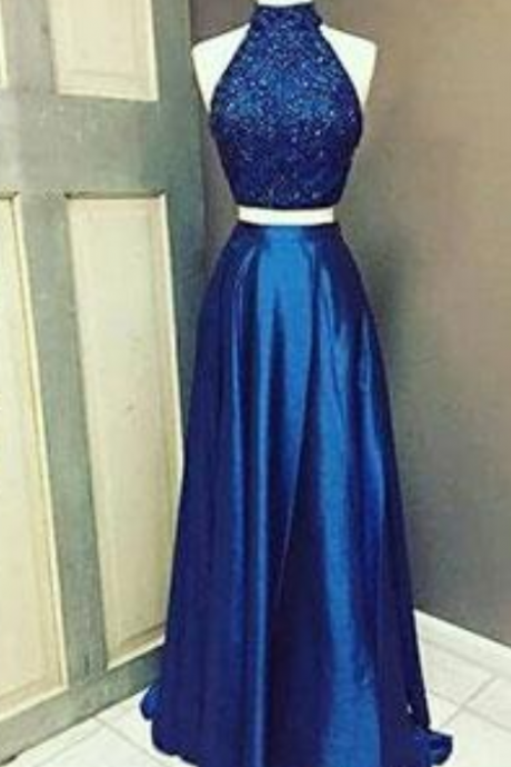 Royal Blue High Neck Beaded Long Prom Dress,two Pieced Evening Dress