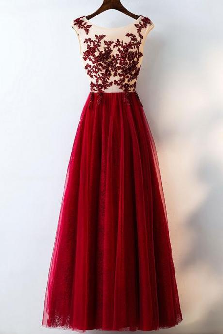 Burgundy Tulle Lace Applique Long Prom Dress,cap Sleeve Sheer Beaded Formal Dress,a-line Evening Dress