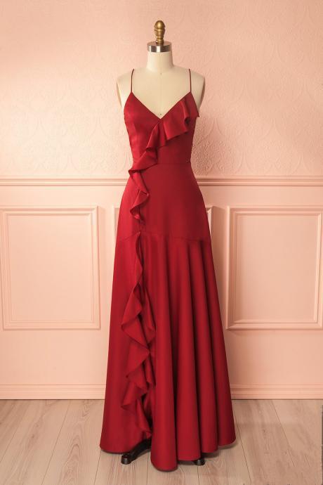 Red Cami V-neck Ruffled A-line Long Evening Dress, Prom Dresses, Formal Dress, Wedding Dress