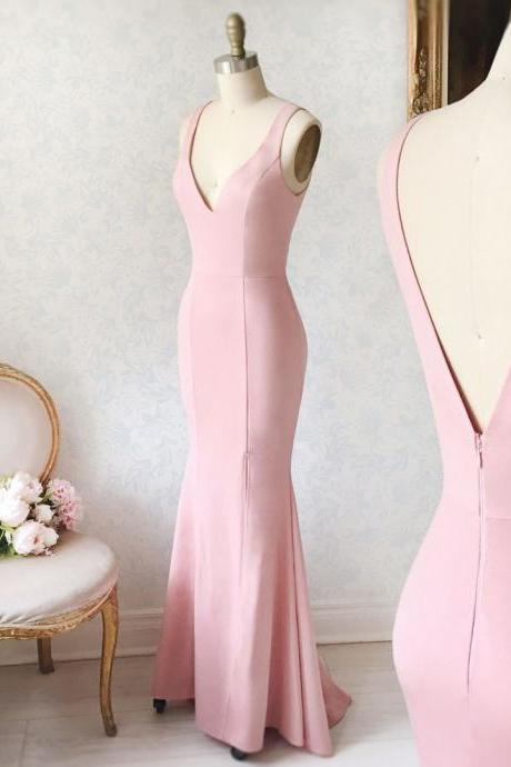 Simple Pink V-neck Mermaid Formal Dress,straps Pink Prom Dress