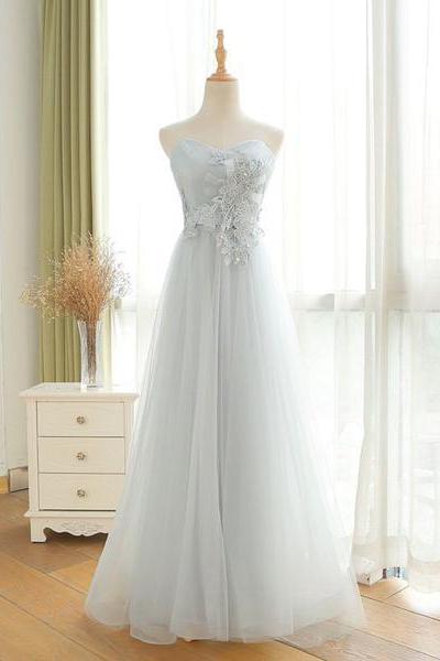 Gray Sweetheart Applique Long Prom Dress,tulle Evening Dress