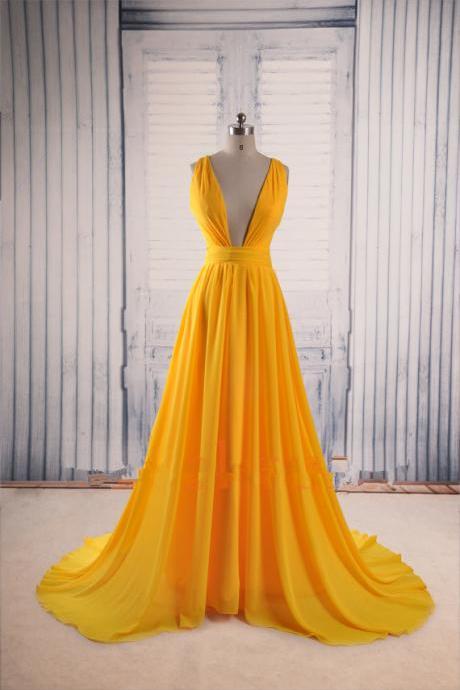 Yellow Chiffon Plunge V Sleeveless Floor Length Formal Dress Featuring Criss-Cross Open Back