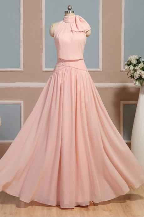 Light Pink Halter Long Formal Dresses, Pink Bridesmaid Dresses, Elegant Evening Dresses