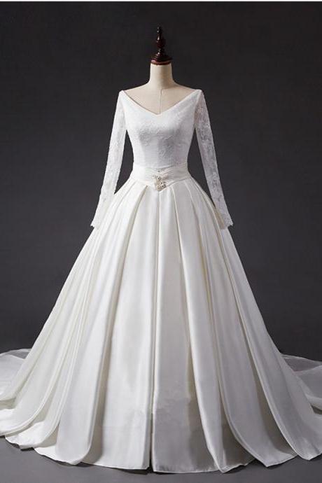 Long Sleeve Heart Hole Back Ball Gown Satin Vintage Wedding Dresses,elegant Satin Wedding Dresses,bridal Dresses
