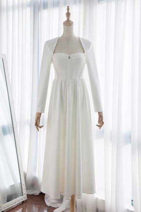 Vintage, elegant, Hepburn style, beaded dress, light bridal gown, long sleeved gown, long evening dress