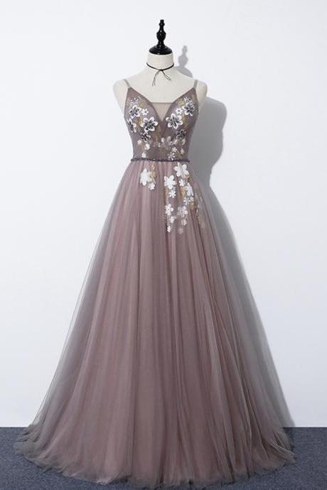 Elegant Party Dress, A Line V Neck Tulle Long Prom Dress, Long Formal Dress
