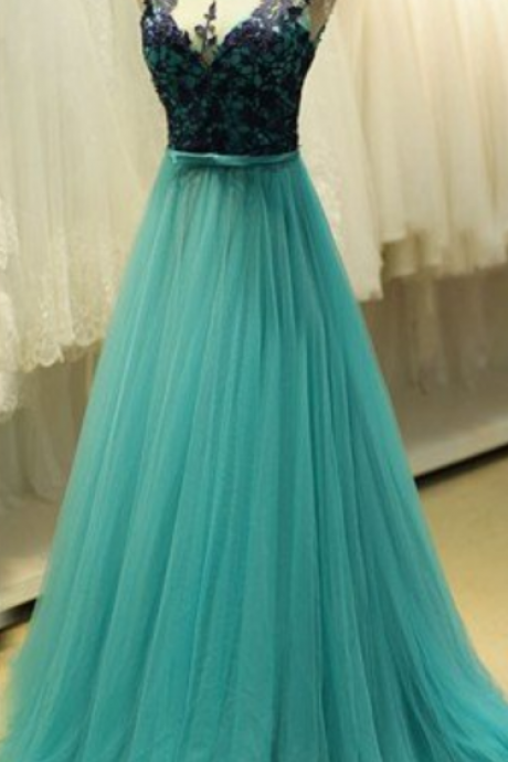 Appliques Tulle Formal Prom Dress, Modest Beautiful Long Prom Dress, Banquet Party Dress