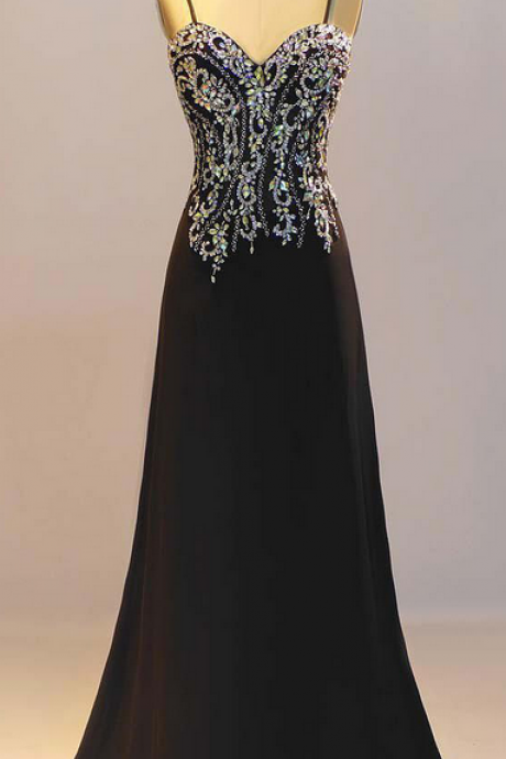 Elegant Spaghetti Strap Beaded A-line Chiffon Formal Prom Dress, Beautiful Long Prom Dress, Banquet Party Dress