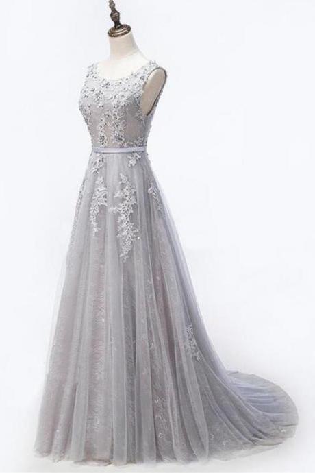 Elegant Lace Beaded Round Neckline Formal Prom Dress, Beautiful Long Prom Dress, Banquet Party Dress