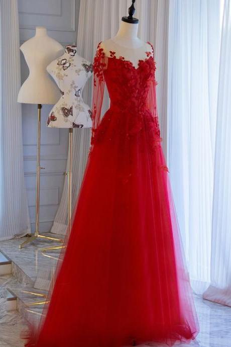 Elegant Round Neck Tulle Lace Formal Prom Dress, Beautiful Long Prom Dress, Banquet Party Dress