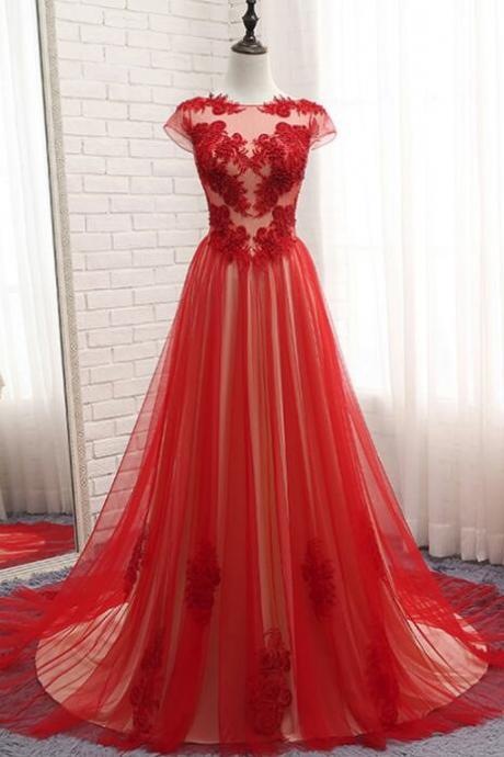 Elegant Cap Sleeve Tulle Appliques Formal Prom Dress, Beautiful Long Prom Dress, Banquet Party Dress
