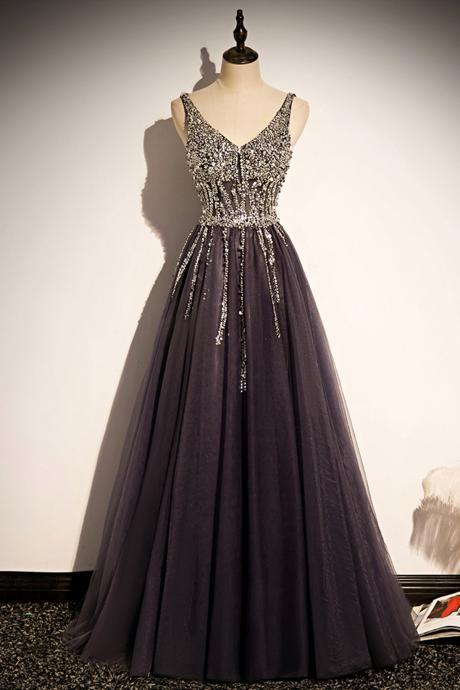 Elegant Sweetheart A-line V Neck Tulle Formal Prom Dress, Beautiful Long Prom Dress, Banquet Party Dress