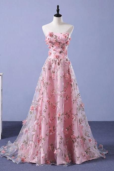 Elegant A Line Strapless Open Back 3D Flowers Lace Formal Prom Dress, Beautiful Long Prom Dress, Banquet Party Dress