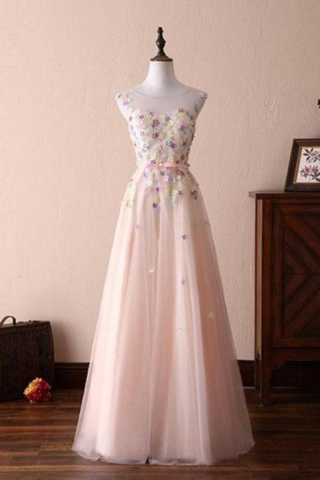 Elegant A Line Round Neck Flowers Appliques Formal Prom Dress, Beautiful Long Prom Dress, Banquet Party Dress