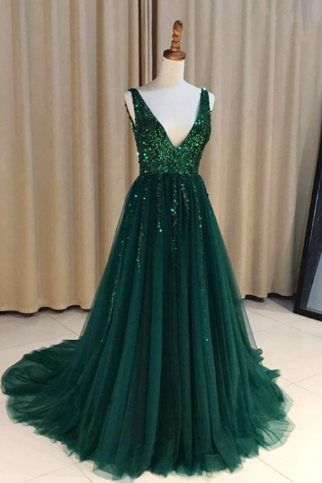 Elegant A-line Sequins Beaded V-neck Tulle Open Back Formal Prom Dress, Beautiful Long Prom Dress, Banquet Party Dress