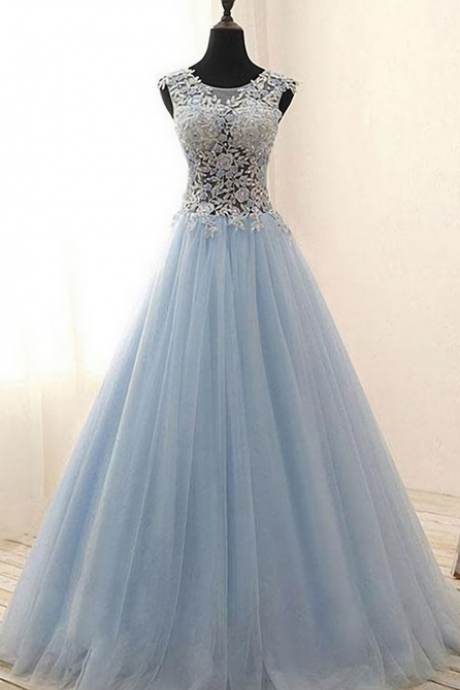 Elegant Sleeveless A Line Appliques Tulle Formal Prom Dress, Beautiful Long Prom Dress, Banquet Party Dress