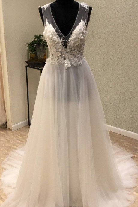 Elegant A Line V-neck Tulle Formal Prom Dress, Beautiful Long Prom Dress, Banquet Party Dress