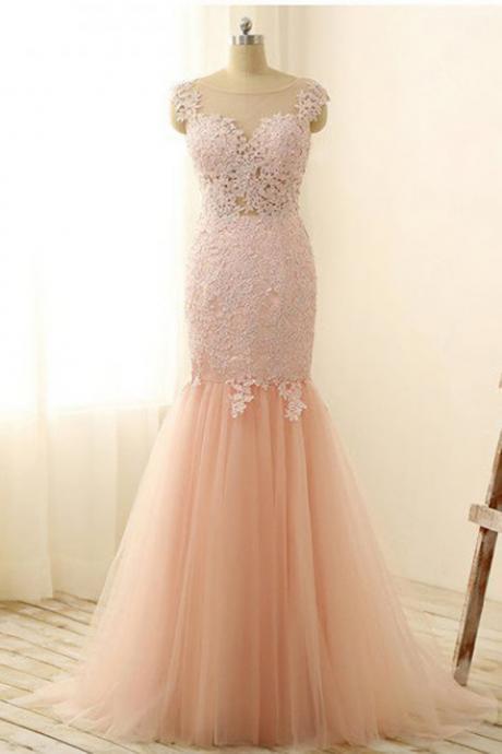 Elegant Scoop Neck Mermaid Tulle Formal Prom Dress, Beautiful Long Prom Dress, Banquet Party Dress