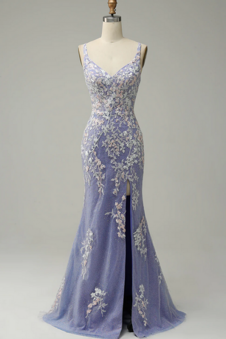 Elegant V Neck Mermaid Appliques Formal Prom Dress, Beautiful Long Prom Dress, Banquet Party Dress