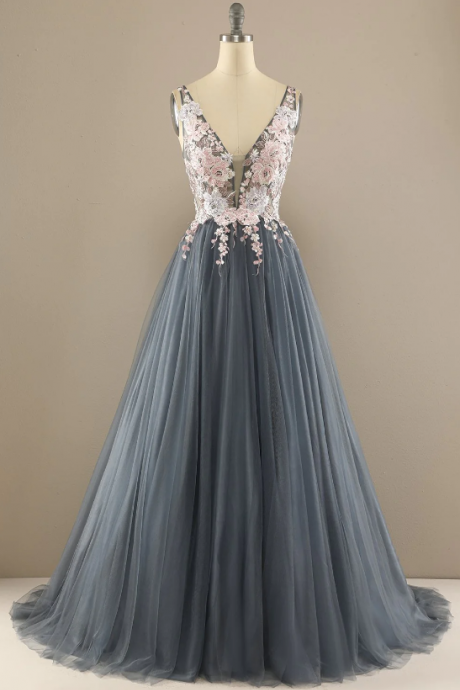 Elegant V Neck Tulle Appliques Formal Prom Dress, Beautiful Prom Dress, Banquet Party Dress