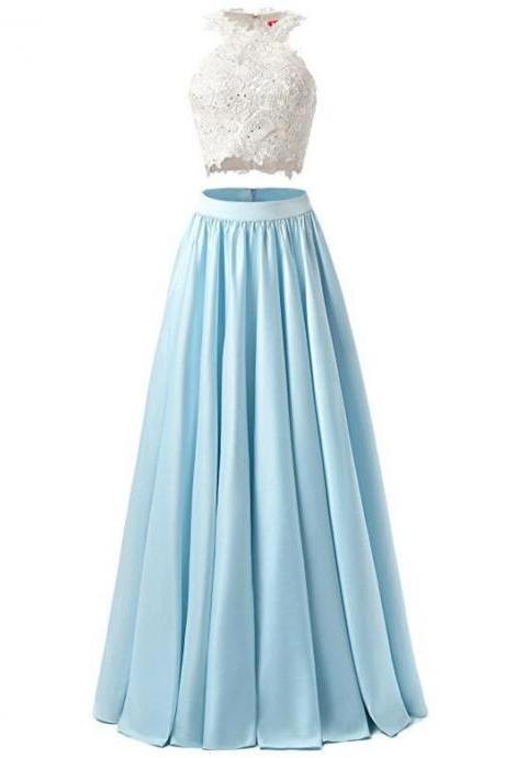Elegant Two Pieces Appliques Satin Formal Prom Dress, Beautiful Prom Dress, Banquet Party Dress