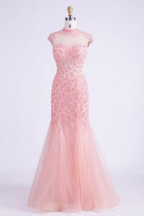 Elegant High Neck Mermaid Tulle Formal Prom Dress, Beautiful Prom Dress, Banquet Party Dress