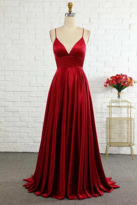 Elegant A-line V-neck Spaghetti-straps Satin Formal Prom Dress, Beautiful Long Prom Dress, Banquet Party Dress