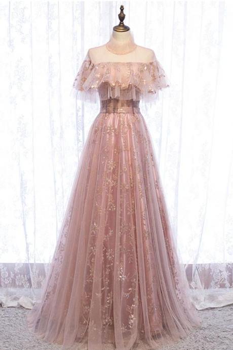 Elegant A Line High Neckline Tulle With Lace Short Sleeves Formal Prom Dress, Beautiful Prom Dress, Banquet Party Dress