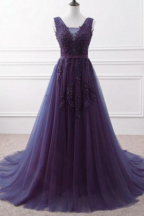Elegant A Line V-neckline Tulle Formal Prom Dress, Beautiful Prom Dress, Banquet Party Dress