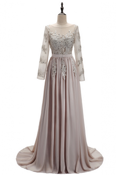 Elegant Long Sleeves Chiffon Formal Prom Dress, Beautiful Long Prom Dress, Banquet Party Dress