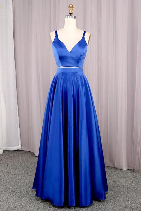Elegant Satin Straps Two Piece Formal Prom Dress, Beautiful Long Prom Dress, Banquet Party Dress