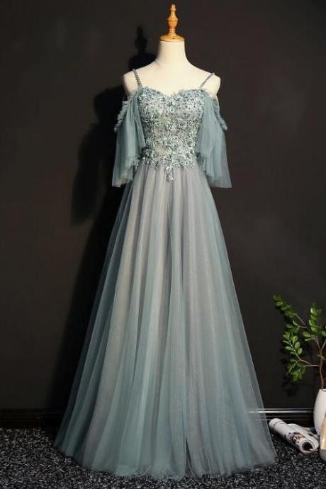 Elegant Sweetheart Off Shoulder Straps Tulle Formal Prom Dress, Beautiful Long Prom Dress, Banquet Party Dress