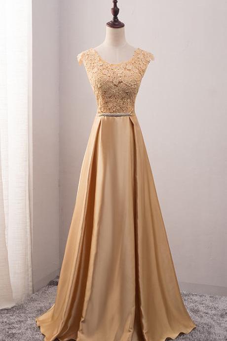 Elegant Sweetheart Appliqués Cap Sleeves Scoop Neck Satin Formal Prom Dress, Beautiful Long Prom Dress, Banquet Party Dress