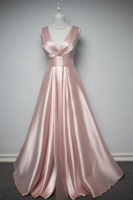 Elegant V Neckline Satin Formal Prom Dress, Beautiful Long Prom Dress, Banquet Party Dress