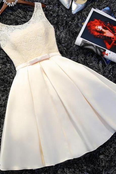 Elegant Lovely Cute Lace And Satin Knee Lenght V-neckline Homecoming Dress, Beautiful Short Dress, Banquet Party Dress