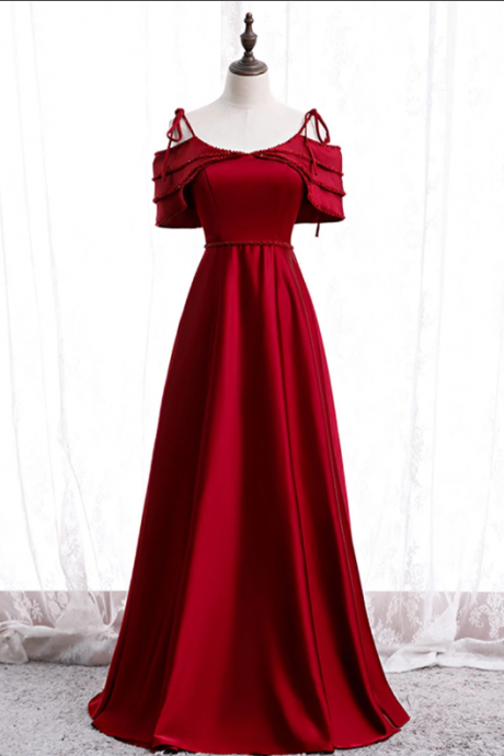 Elegant A Line Straps Off Shoulder Beads Satin Formal Prom Dress, Beautiful Long Prom Dress, Banquet Party Dress