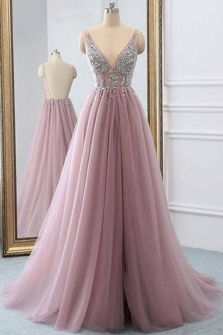 Elegant Sweetheart Open Back V Neck Tulle Evening Dress ,formal Party Dress,prom Dress