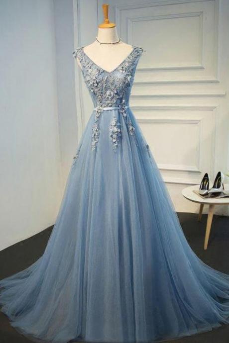 Elegant Lace Appliques V Neck Tulle Evening Dress ,formal Party Dress,prom Dress