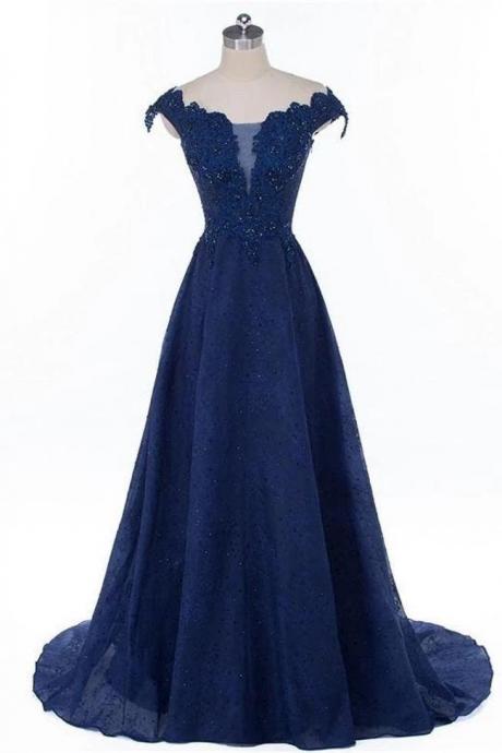 Elegant A Line Cap Sleeves Beaded Lace Evening Dress ,formal Party Dress,prom Long Dress