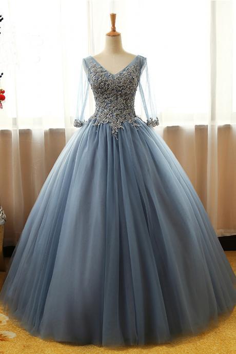 Elegant A Line Appliques Short Sleeves Tulle Formal Prom Dress, Beautiful Long Prom Dress, Banquet Party Dress